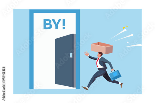 Businessman quitting his job running through a doorway with a box