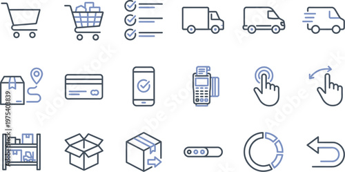 Diverse set of essential line icons representing e-commerce, logistics, online payment, and user interface actions.