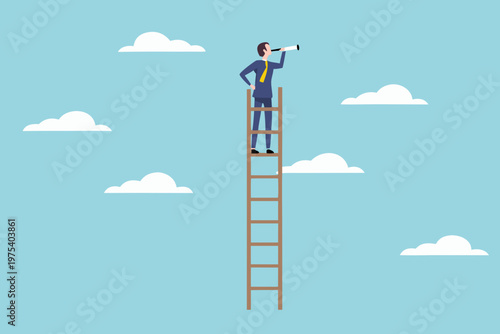 Businessman on a ladder looks through a telescope at the clouds