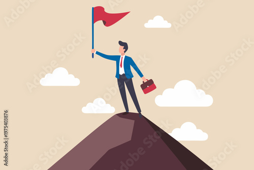 Business professional plants a red flag atop a mountain peak