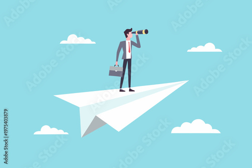 A businessman gazes through binoculars while standing on a paper airplane
