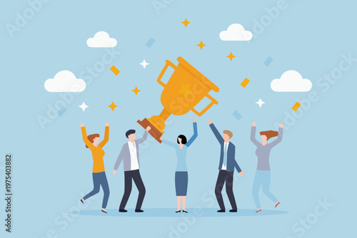 Team celebrates a victory with a golden trophy and confetti falling