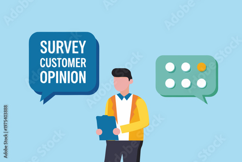 Man conducting a customer survey with speech bubbles and rating options