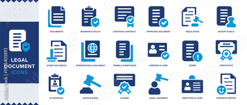 Legal document flat icons collection. Agreement, license, declaration, contract, ID card, permission, grant sign set.