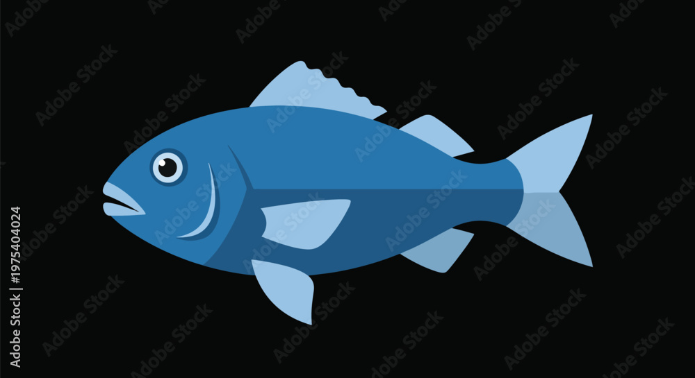 Obraz premium Flat Design Blue Fish Minimal Illustration Isolated Object On Black
