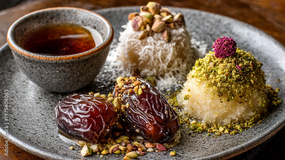Fototapeta premium Traditional Rice Dish with Dates and Nuts: Authentic Middle Eastern Cuisine