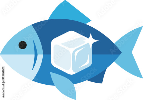 Flat Design Blue Fish With Ice Cube Minimal Illustration Icon Vector