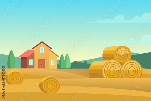 A charming farmhouse scene with hay bales in a sunlit field