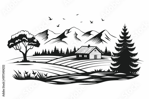 A quaint cabin nestled in a scenic mountainous landscape with trees