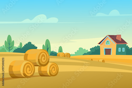 A peaceful countryside scene featuring hay bales and a small house