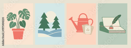 Winter Trees and Watering Can, Seasonal Nature Poster, Garden Life Illustration, Minimalist Winter Art, Geometric Plant Decor, Outdoor Living Graphics, Modern Gardening Print.