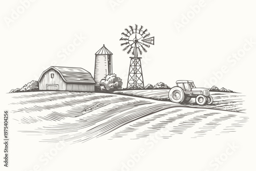Vintage farm scene with tractor barn windmill and plowed fields
