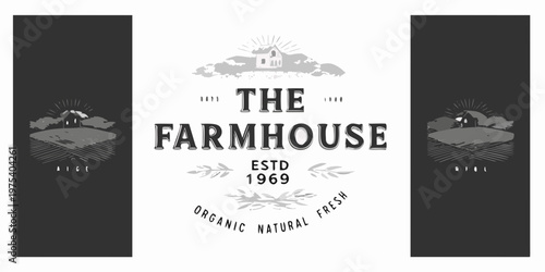 Vintage farmhouse logo design featuring a rural scene and established date