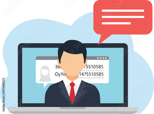 Flat Design Businessman Computer Chat Screen Red Speech Bubble Minimal