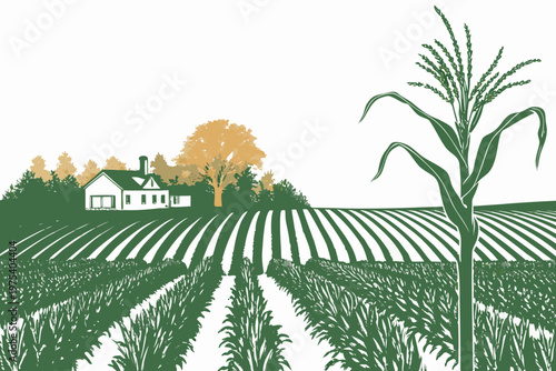 A stylized illustration of a rural farm landscape with crops and home