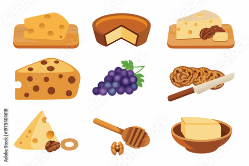 Assorted cheeses grapes honey and nuts arranged in a colorful display