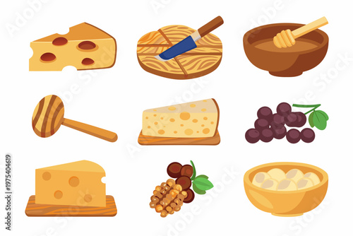 Assortment of delicious food items including cheese honey and grapes
