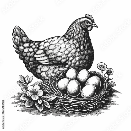 A detailed illustration of a hen guarding her nest of eggs