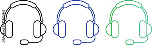 Headphones arranged in a row illustrate various color options for modern communication devices on white background.