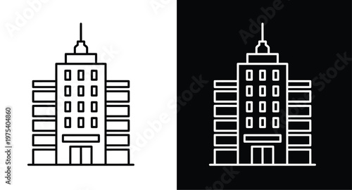 Skyscraper icon represents a professional corporate headquarters building in a modern minimalist graphic design style.