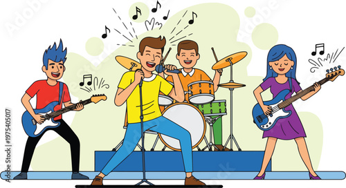 Flat Design Illustration Of Rock Band Playing Music On Stage