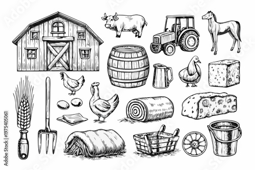 Vintage farm scene featuring animals tools and traditional agricultural elements