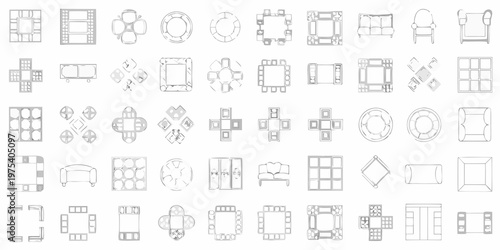 Collection of furniture top down blueprints in a minimalist style