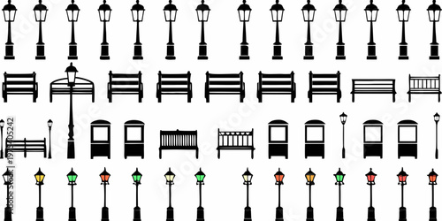 Collection of black and white vector illustrations of street furniture