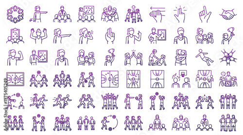 Basketball Coaching Icon Set in Linear Style. A collection of icons including Women's Basketball, Men's Basketball, coach, strategy, tactics, court, huddle, referee, play, and more. Editable