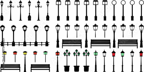 A collection of various street lamps and park benches illustrated in black