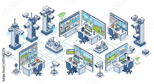 Isometric vector illustration displaying a 3D military headquarters and base, featuring security surveillance planning with multiple screens, cameras, and computer workstations