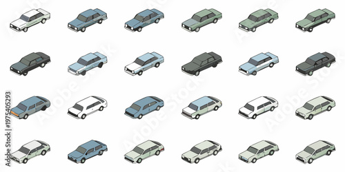 Isometric illustration depicting a collection of various vintage automobiles