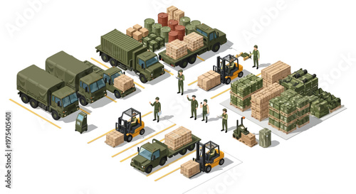 Isometric 3D military base planning is illustrated in this vector design, showing army trucks and forklifts loading supplies near a military compound against a white background