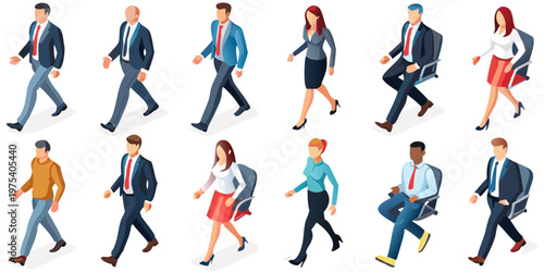 Isometric illustration of diverse professionals walking and sitting in a modern style