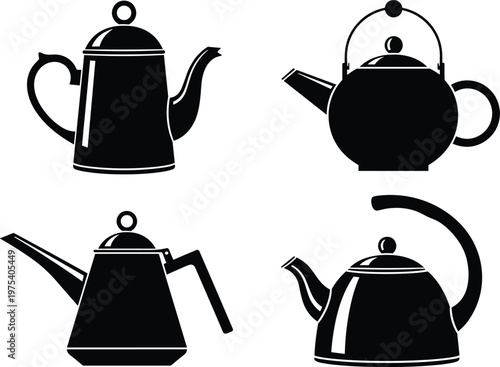 Black silhouette illustration of four different teapots and kettles with unique shapes, spouts, and handles, highlighting diverse design styles for kitchenware and beverage concepts