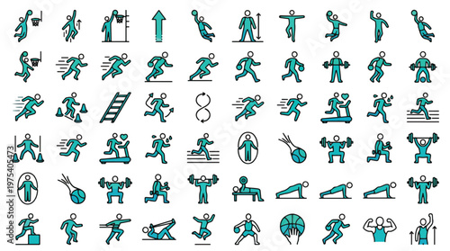 Basketball training set in linear style. A collection of men's basketball and women's basketball linear icons, including dunking, fitness, workout, running, gym, and more. Editable stroke.