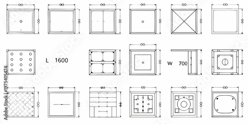 Technical drawings of various manhole covers with dimensions and patterns