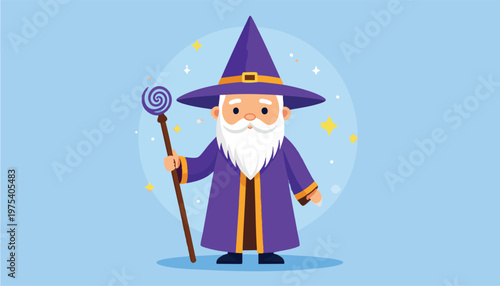 vector Charming Cartoon Wizard Holding a Magical Staff