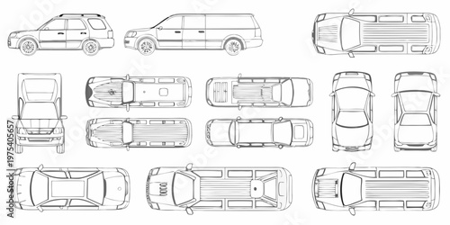 Technical illustration of various suv and van vehicle designs