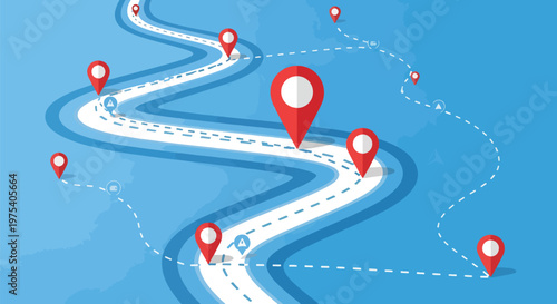 Flat Design Map Winding Road Red Location Pin Pointers Over Blue
