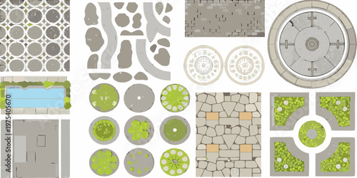Assortment of top down garden and architectural landscape elements