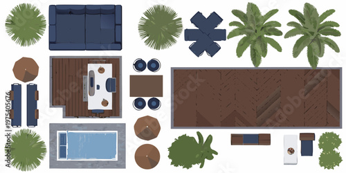 Aerial view of a modern outdoor living space with furniture