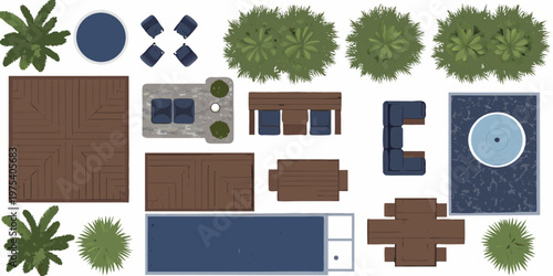 Aerial view of outdoor summer elements pool furniture and landscaping