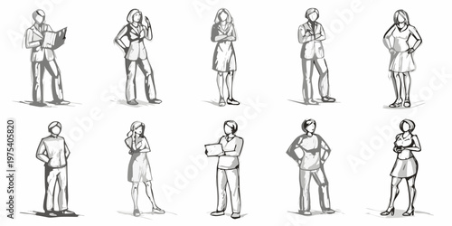 Sketch of diverse people in business attire standing in various poses
