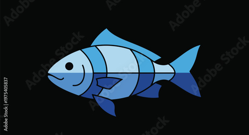 Flat Design Minimal Blue Striped Fish Isolated On Black Background