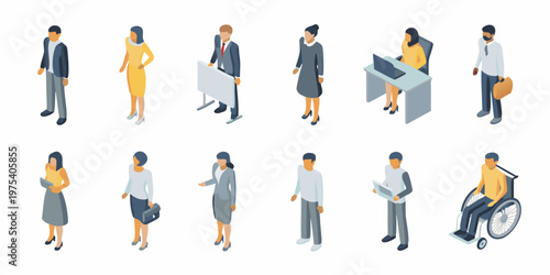 Isometric illustration depicting diverse business people in various workplace scenarios