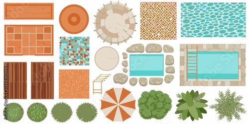 An aerial view collection of various outdoor elements and textures