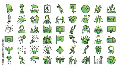 Men's and Women's Basketball icon set in linear gradient style. A collection of sports icons including player, dunk, hoop, court, trophy, coach, referee, medal, and more. Editable Stroke.