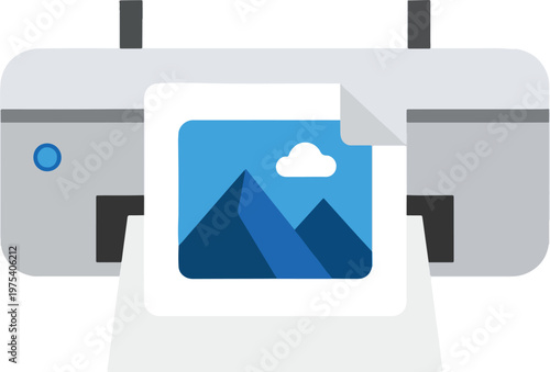 Flat Design Minimal Printer Printing Blue Mountain Photo Vector