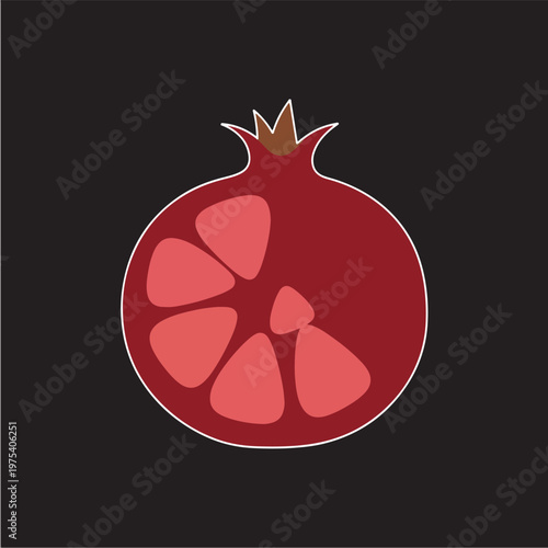 Flat Design Minimal Red Pomegranate Cut Open On Dark Black Background